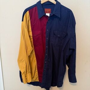 Vintage Rustler Shirt Mens 2X Blue Yellow Western Pearl Snap Long Sleeve Cotton